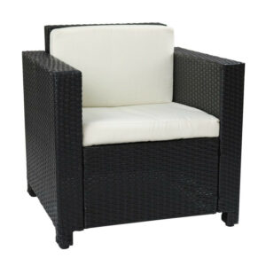 Fauteuil extérieur en résine tressée avec coussins en location pour espace lounge et réception