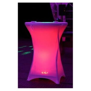 Mange debout lumineux avec housse blanche et projecteur LED sur batterie en location pour mariage et soirée