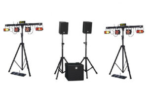 Pack son et lumières professionnel avec deux pieds en T, mixette Bluetooth et éclairage LED