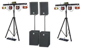 Pack son et lumières professionnel 300 personnes avec 2 pieds en T et mixette Bluetooth