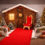 Décor chalet du Père Noël en bois avec tapis rouge, trône et sapins lumineux – location événementielle Noël