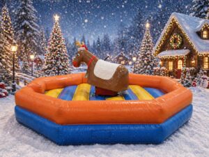 Rodéo mécanique édition Noël en location en Vendée avec décor neige et ambiance festive